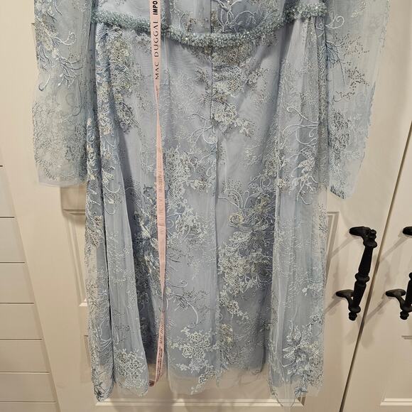 Mac Duggal 68020 Blue Embellished Lace Long Sleeve Beaded Midi Dress Size 12 - Picture 7 of 9